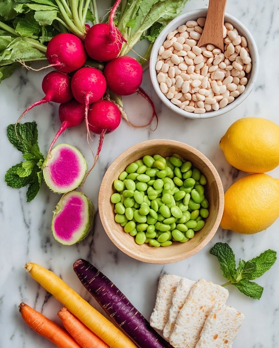 The image shows a top view of fresh vegetables and ingredients arranged on a white marbled surface. In the center, there is a white bowl filled with white beans and a small wooden spoon resting inside. Below it, a light wooden bowl holds bright green edamame beans. To the top left, a bunch of radishes with bright red round bulbs and green leaves lay together. Two watermelon radishes, sliced in half to reveal their bright pink centers with a green edge, are positioned at the top right. Near the right side are two whole yellow lemons, and next to them sit two white rice cakes. At the bottom left corner, there are three carrots of different colors – orange, deep purple, and yellow – with their green tops partially visible. Fresh mint leaves with dark green texture are placed near the lemons. Photo taken with an iphone --ar 4:5 --v 7