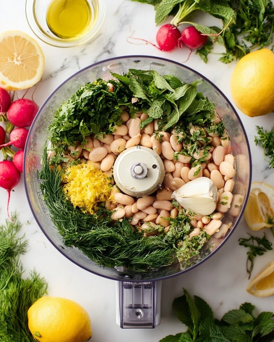 The image shows a clear food processor bowl filled with several layers of ingredients on a white marbled surface. The bottom layer consists of light beige beans scattered around. On top of the beans, there are several green herbs including parsley, dill, mint, and tarragon, arranged evenly around the bowl. Near the center, there is a small clump of yellow lemon zest, and a whole peeled garlic clove sits visible among the beans and herbs. Surrounding the food processor are fresh ingredients like red radishes, halved bright yellow lemons, sprigs of dill and mint, and a small glass container of yellow oil. Photo taken with an iphone --ar 4:5 --v 7