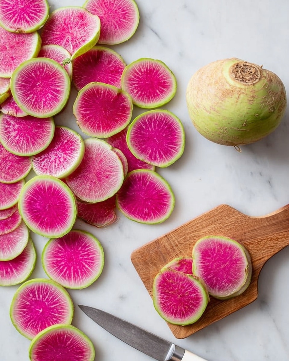 The image shows many thin, round slices of watermelon radish with bright pink centers and light green edges spread across a white marbled surface on the left side. On the right side, there is a whole watermelon radish with a pale green and light brown outer skin. In the lower right part of the image, two thick slices of the radish rest on a small wooden cutting board with a visible grain texture, beside a white-handled knife with a silver blade. The light is bright and evenly spread, highlighting the vivid colors and fresh textures of the radish. photo taken with an iphone --ar 4:5 --v 7