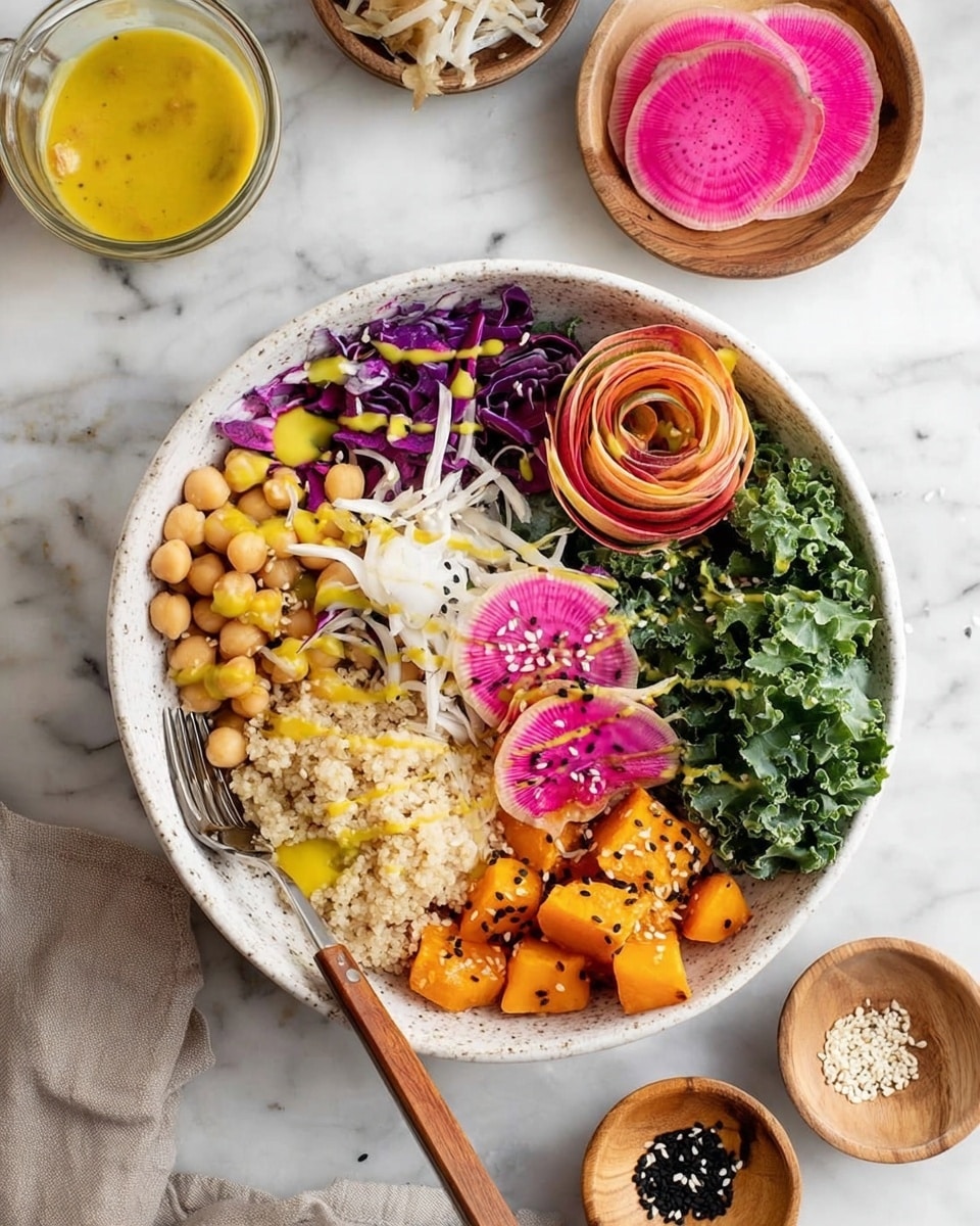 A white speckled bowl sits on a white marbled surface filled with several colorful layers. Starting from the bottom left, there is a small pile of light beige cooked grains, next a small bunch of shredded purple cabbage, and shredded white pickled vegetables above it. To the left, there is a heap of light yellow chickpeas with a drizzle of bright yellow dressing. On the top right, there is a bunch of curly green kale with some small green sprouts on it. A spiral carrot peel with reddish-orange and yellow stripes lies over the kale next to two slices of pink and white watermelon radish with black sesame seeds sprinkled on top. In the lower right, there are bright orange roasted cubes, likely sweet potatoes. A fork rests inside the bowl on the left side. Surrounding the bowl on the marble surface are a small glass bowl with yellow dressing and a wooden spoon, a small bowl with pickled white onions, thin slices of watermelon radish on a white plate, some microgreens, and a small wooden bowl filled with white and black sesame seeds. photo taken with an iphone --ar 4:5 --v 7