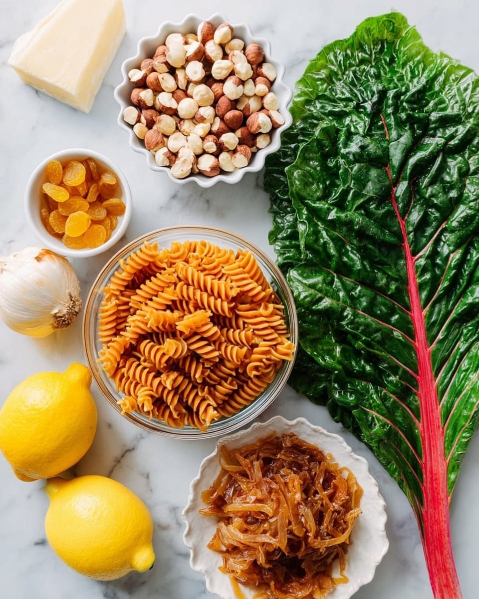 The image shows a group of raw ingredients on a white marbled surface. There is one large, dark green Swiss chard leaf with a bright red stem on the right side. In the bottom left corner, there are two yellow lemons, one whole and one cut in half to show the inside. At the center left, a clear white bowl holds a pile of dry, orange-brown spiral pasta. Above the pasta, a white scalloped dish contains a heap of hazelnuts with light brown shells. To the right of the hazelnuts, there is a small white bowl filled with golden raisins. Above this, another small white bowl holds caramelized onions with a brown, soft texture. At the top left, a white garlic bulb and a large, uneven block of white cheese are visible. The overall look is bright and fresh, with contrasting colors and textures of the ingredients. Photo taken with an iphone --ar 4:5 --v 7