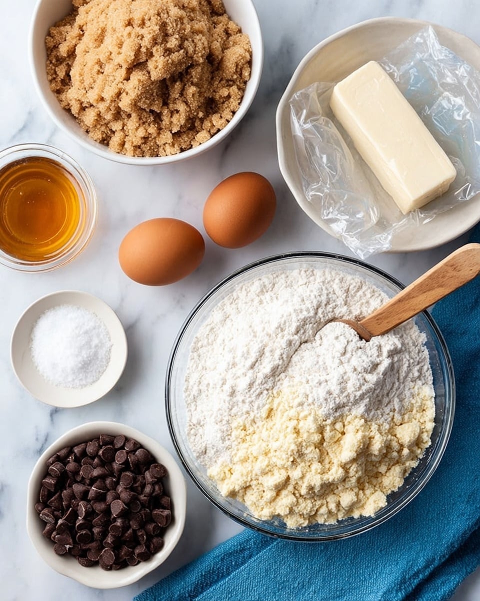 The image shows a top view of baking ingredients arranged on a white marbled surface. In the center, there is a clear glass bowl with two layers of flour: a white powdery layer on the left and a light yellow crumbly layer on the right, with a wooden spoon resting inside the bowl. Above it, a white bowl is filled with soft, light brown sugar with a crumbly texture. Nearby, two brown eggs sit side by side, and next to them is a wrapped stick of white butter. A small white bowl holds a golden liquid, likely vanilla extract. On the bottom left, two small white plates contain a white fine salt and a white powder, respectively. In the lower part of the image, a white bowl holds dark brown chocolate chips. A blue cloth napkin is placed under the glass bowl on the right side. photo taken with an iphone --ar 4:5 --v 7