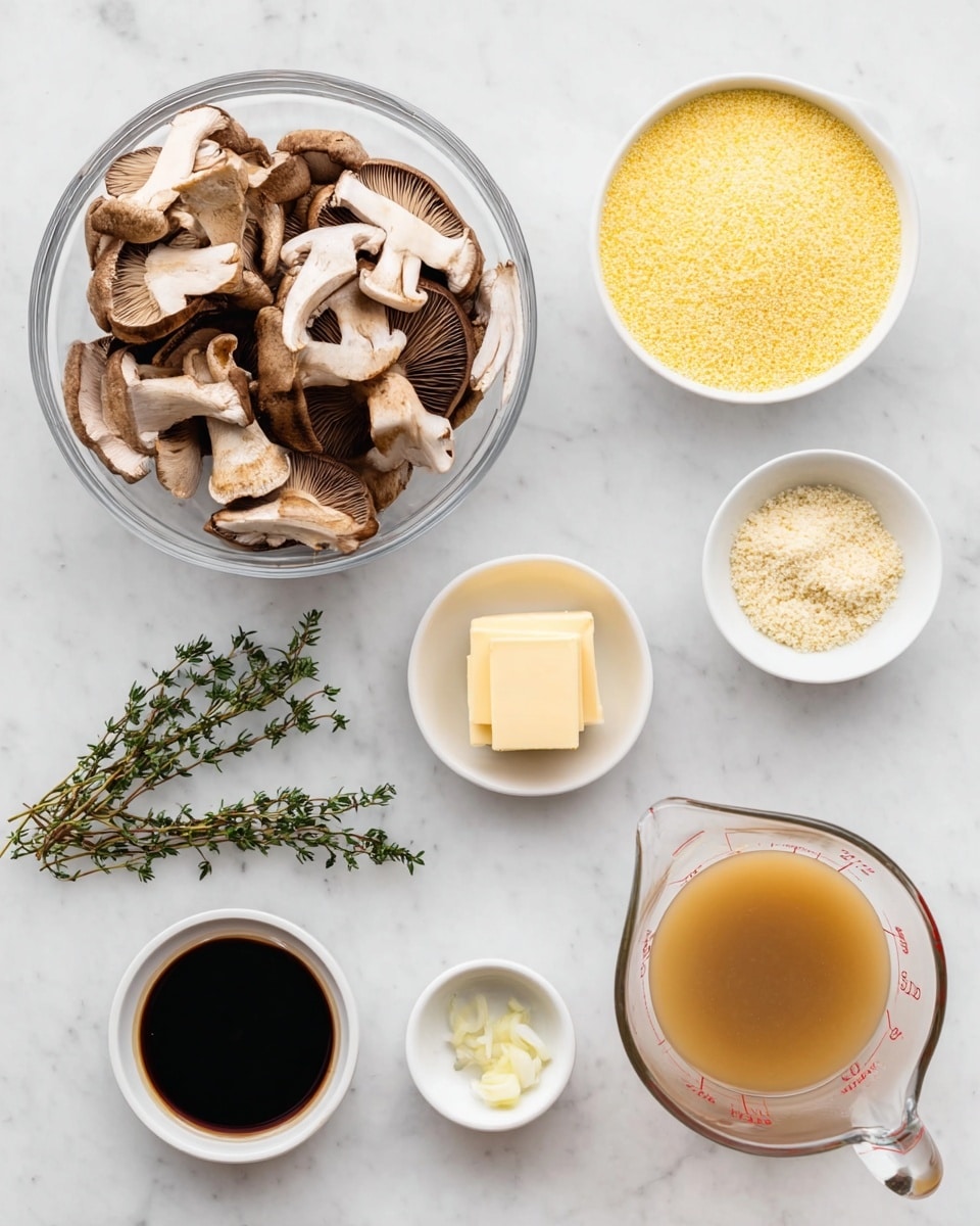 A clear glass bowl full of sliced brown mushrooms forms the largest item on the top left, with a white bowl of yellow cornmeal on the top right side. Adjacent to it is a small white bowl filled with pale yellow bread crumbs. Below the cornmeal is a small white bowl holding two square butter pieces. To the left of the butter are two sprigs of fresh thyme placed directly on a white marbled surface. A clear measuring cup filled with light brown broth sits at the bottom right. Moving leftwards, a tiny white bowl contains a clear liquid, and near it is a small square white dish with minced garlic. Finally, a white bowl with black soy sauce sits in the bottom left corner. The photo taken with an iphone --ar 4:5 --v 7
