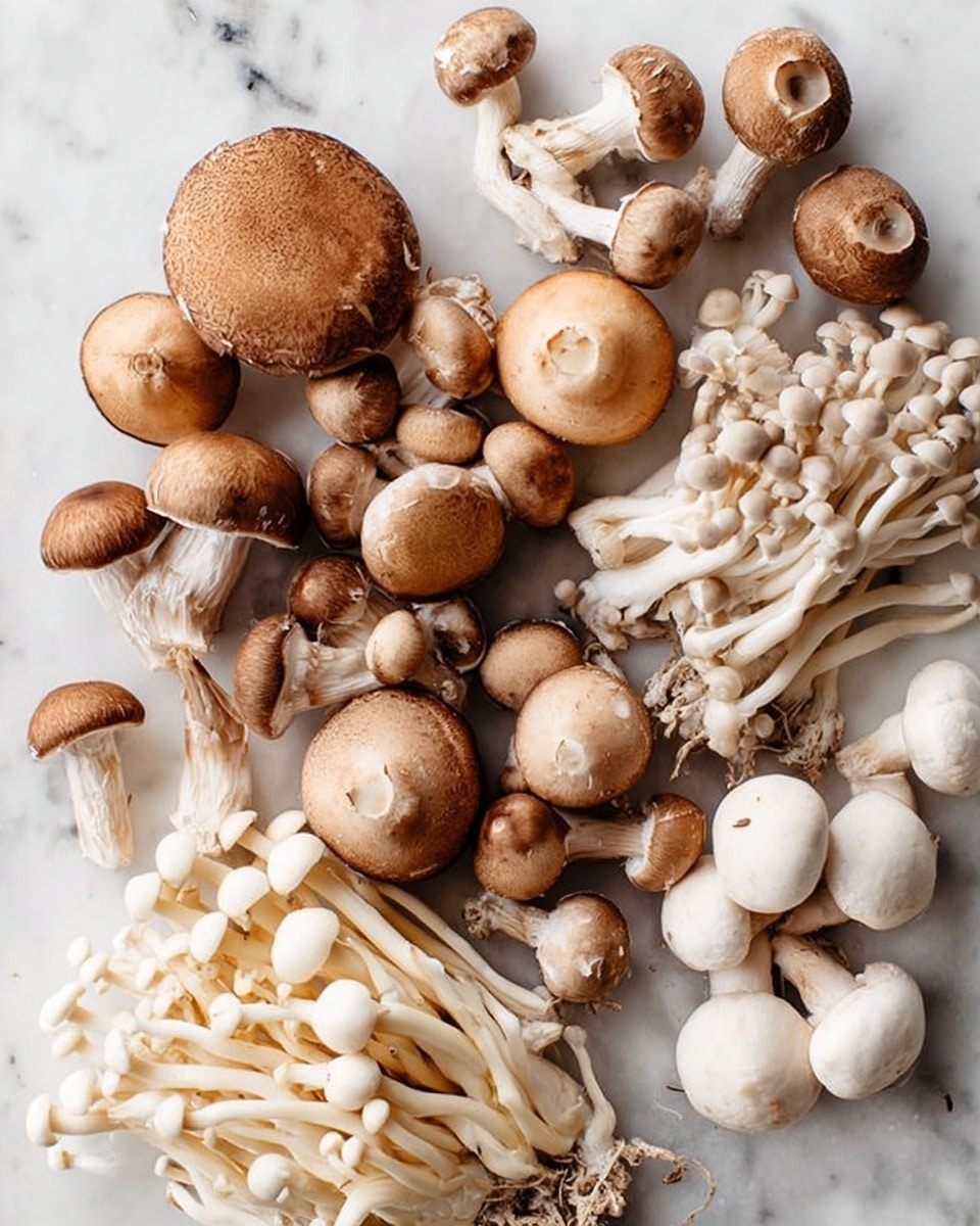 A mix of different mushrooms spread over a white marbled surface, including several light brown round mushrooms with smooth caps, some sliced to show white insides and gills, clusters of small, long-stemmed white mushrooms with tiny caps grouped together in bunches, and smaller beige mushrooms with delicate stems and rounded tops, all positioned randomly but close to each other, creating a natural, fresh look. photo taken with an iphone --ar 4:5 --v 7