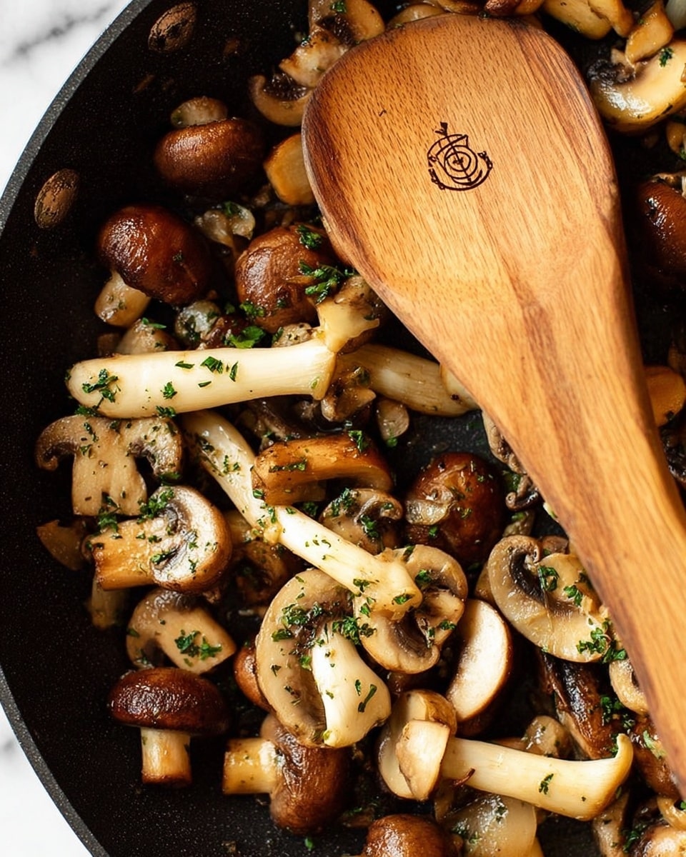This image shows a close-up of mixed cooked mushrooms in a black pan with a wooden spoon resting on top. The mushrooms are of different types, with some long and thin white stems and others round with brown caps. The mushrooms are lightly browned and sprinkled with chopped green herbs. The wooden spoon has a smooth texture and an engraved logo in the center. The background is a white marbled texture. photo taken with an iphone --ar 4:5 --v 7