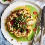 Roasted Cauliflower Steaks with Arugula Pesto and Nutty Topping Recipe