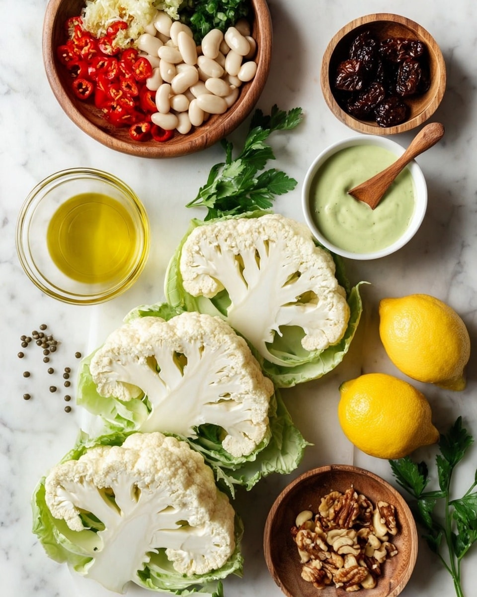 The image shows three large cauliflower slices arranged in the center on a white marbled surface, each slice showing off the creamy white texture with some green leaves attached at the bottom. Above the cauliflower to the right, there is a small white bowl filled with a smooth, light green sauce with a wooden spoon resting inside. Next to it, on the right side, is a small bowl with small brown capers. To the right-bottom corner, there are three bright yellow lemons. To the left of the cauliflower, there is a small glass container holding golden olive oil. Above the oil, a small white bowl holds dark brown raisins. Above that, a round wooden bowl contains a mix of white beans, bright red sliced chili peppers, green parsley leaves, and mixed brown nuts. The whole layout rests on a clean white marbled surface. Photo taken with an iphone --ar 4:5 --v 7