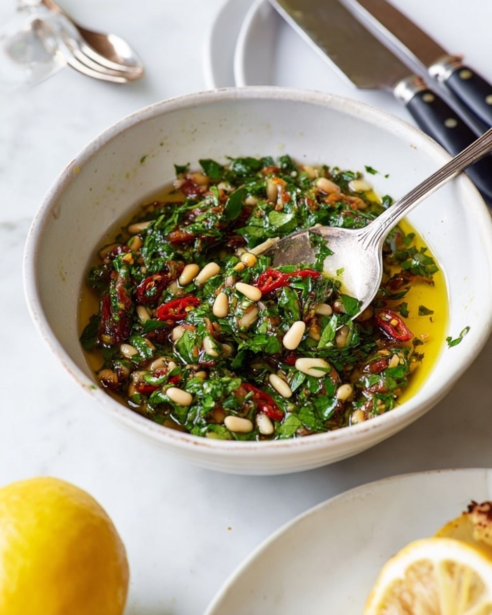 The image shows a white bowl filled with a vibrant mixture that has three main layers. The bottom layer is a golden olive oil base, glossy and smooth. On top of that is a mix of green parsley pieces, chopped finely and scattered evenly. The top layer features small white pine nuts and bright red chili slices that stand out clearly, adding texture and color contrast. A silver spoon sits inside the bowl with some of the mixture on it. The bowl is placed on a white marbled surface with a whole yellow lemon nearby and a white plate holding a knife and fork with black handles in the background. Photo taken with an iphone --ar 4:5 --v 7
