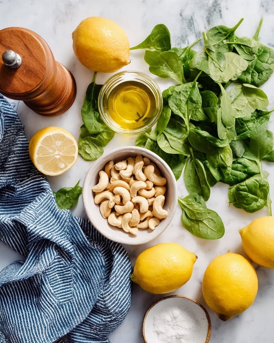 The image shows fresh ingredients spread on a white marbled surface. There is a white bowl in the center filled with light beige cashews. Around the bowl, bright green spinach leaves are scattered loosely on the surface. To the left, a blue and white striped cloth is partly visible. On the top left, there is a halved lemon showing its bright yellow inside. Near the bowl, a wooden pepper grinder is placed above it and a small glass jar with light golden olive oil is to the right. Below and to the right of the jar, there is a small white plate with a little pile of white salt. Three whole lemons with a bright yellow color are placed on the bottom right corner. The whole scene is bright and fresh. Photo taken with an iphone --ar 4:5 --v 7