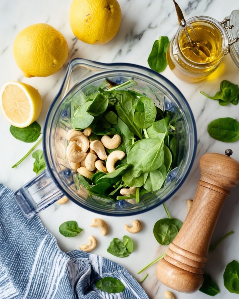 A clear blender bowl is placed on a white marbled surface. Inside the blender, there is a mix of fresh green spinach leaves on top and a layer of whole pale cashew nuts underneath. Around the blender bowl, there are two whole bright yellow lemons, a half lemon showing its inner flesh, scattered green spinach leaves, a jar of golden olive oil, and a light wooden pepper grinder. A blue and white striped cloth is partially visible at the bottom left side. The photo is taken from above, showing all elements clearly with soft natural light photo taken with an iphone --ar 4:5 --v 7