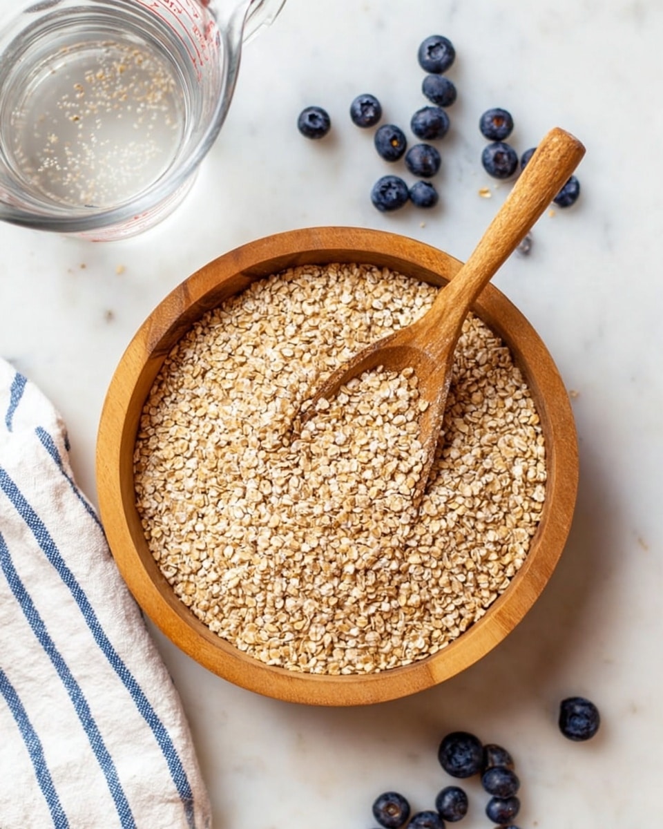 A wooden bowl filled with light brown steel-cut oats, with a wooden spoon resting on top, slightly scooping the oats. The bowl is placed on a white marbled surface. Nearby are scattered fresh blueberries, adding small dark blue spots around the bowl. A clear glass measuring cup with water inside is shown from above on the left side. A white cloth with thin blue stripes is partially visible in the bottom left corner. Photo taken with an iphone --ar 4:5 --v 7