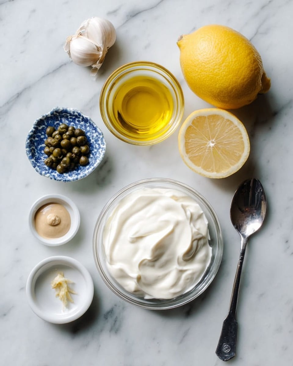 A white marbled surface holds several ingredients arranged neatly: a whole yellow lemon and two lemon halves with a bright yellow interior are at the top right; a single garlic clove sits just left of them. Below the garlic, there is a small clear glass bowl filled with golden olive oil, next to a small white dish containing green capers on a blue patterned base to the left. Slightly below and to the right is a small white dish with light brown mustard. Centered is a clear glass bowl filled with thick, white creamy yogurt or sour cream with smooth texture. On the far right side, a shiny silver spoon lies flat on the surface with its handle pointing right. photo taken with an iphone --ar 4:5 --v 7