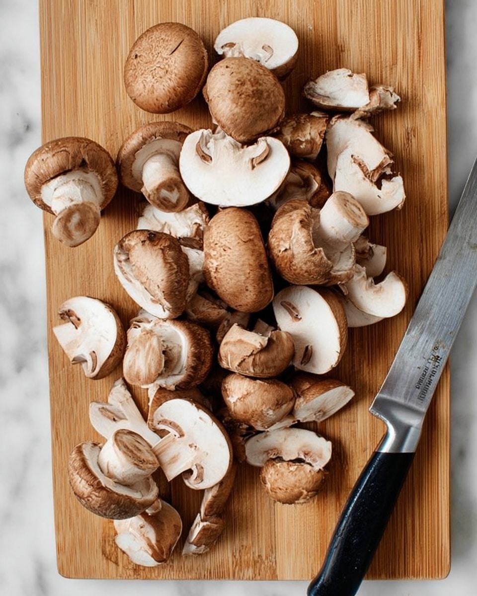 The image shows a wooden cutting board covered with many brown mushrooms that are sliced into pieces of different thicknesses. Some mushrooms are sliced into thin layers, showing their white, smooth inner texture, while others stay whole or halved, showing their round, slightly rough outer shell. The mushrooms are scattered randomly next to a silver kitchen knife with a black handle, which lies flat on the board near the bottom right corner. The whole scene rests on a white marbled surface, and there is no person or woman's hand in the picture. Photo taken with an iphone --ar 4:5 --v 7