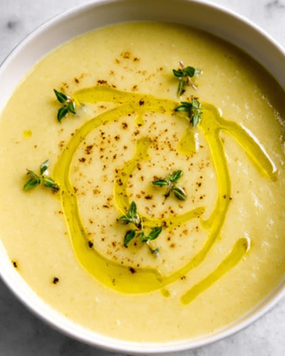 The image shows a bowl of creamy yellow soup with a smooth texture, swirled with a drizzle of bright golden oil on top. Small green herb leaves, possibly thyme, are scattered gently across the surface, adding a fresh touch. The soup fills the white bowl almost to the edge, and the scene is set on a white marbled surface. The lighting highlights the glossy sheen of the soup and oil, making it look warm and inviting. Photo taken with an iphone --ar 4:5 --v 7