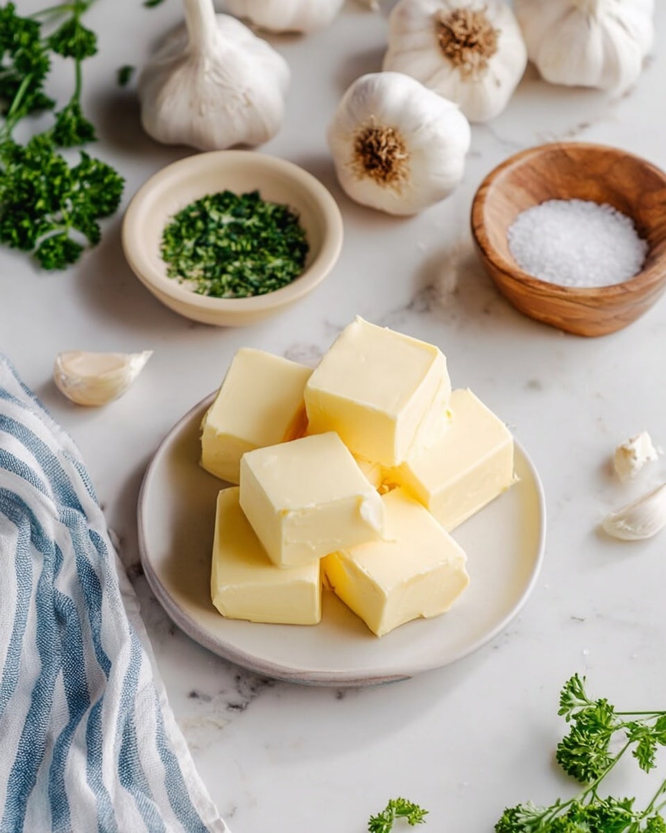 The image shows a white plate filled with seven uneven cubes of pale yellow butter placed in the center. Around the plate, there are whole white garlic bulbs with brown roots on a white marbled surface. A small beige bowl holds finely chopped green herbs, and next to it is a small wooden bowl filled with coarse white salt. A blue and white striped cloth is slightly folded at the bottom left corner, and a few sprigs of flat green parsley lie scattered on the marbled surface. Photo taken with an iphone --ar 4:5 --v 7
