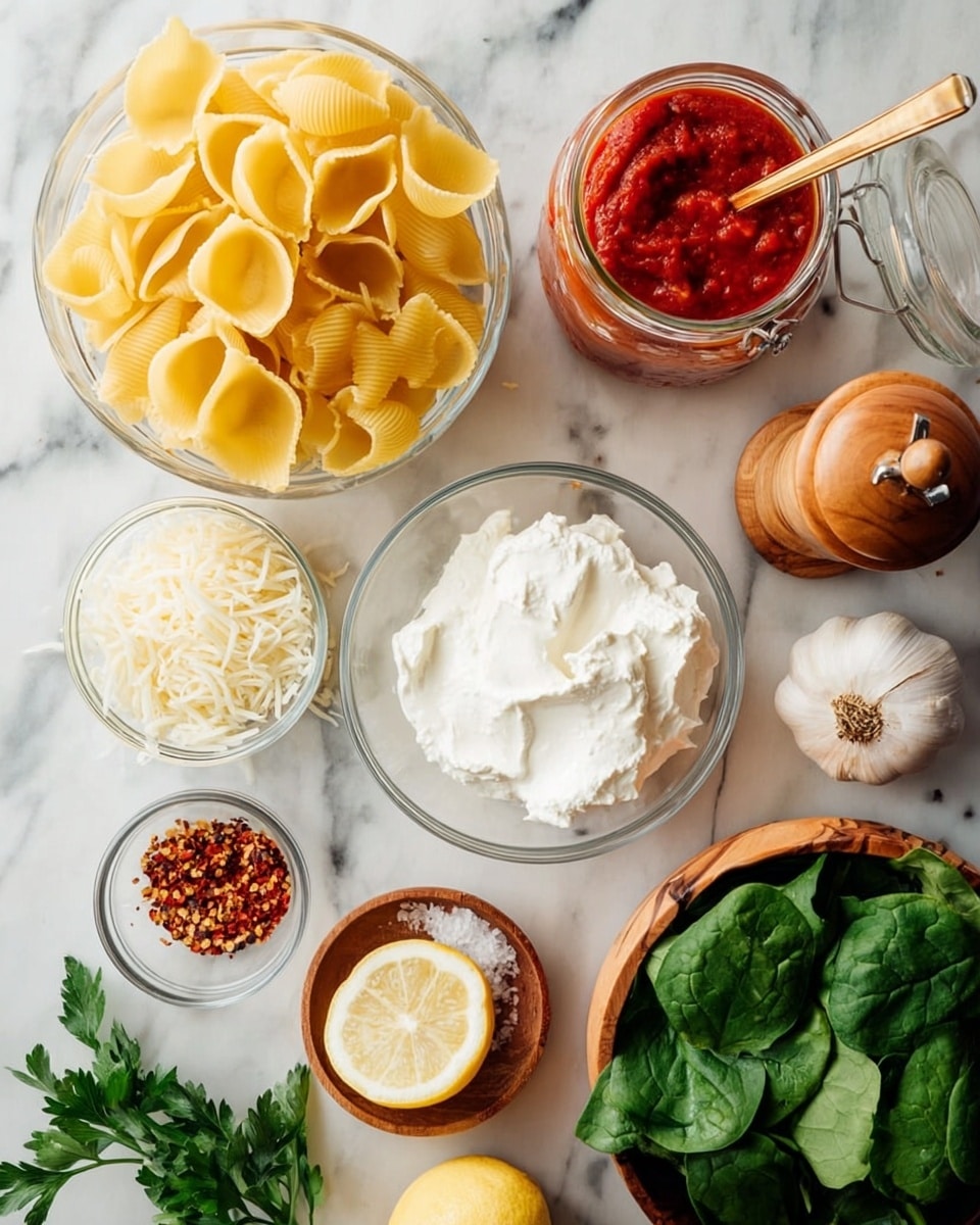 The image shows a white marbled surface with several clear glass bowls and a wooden bowl arranged neatly. In the top left, a clear glass bowl is full of large yellow pasta shells that have ridged textures. Below that, a smaller clear bowl contains finely shredded white cheese, and beside it is another small bowl with dried red pepper flakes. To the right, a larger clear bowl holds thick, smooth white ricotta cheese, with a wooden spoon resting inside. Above this bowl is a small wooden dish with coarse salt crystals. Near the salt is an open jar of bright red marinara sauce with a spoon inside. To the far right, there are two bulbs of garlic and half of a lemon. At the bottom right corner, a wooden bowl is filled with fresh dark green spinach leaves. A sprig of fresh green parsley lies on the marble near the bowls, and there is a wooden pepper grinder close to the sauce jar. The photo taken with an iphone --ar 4:5 --v 7