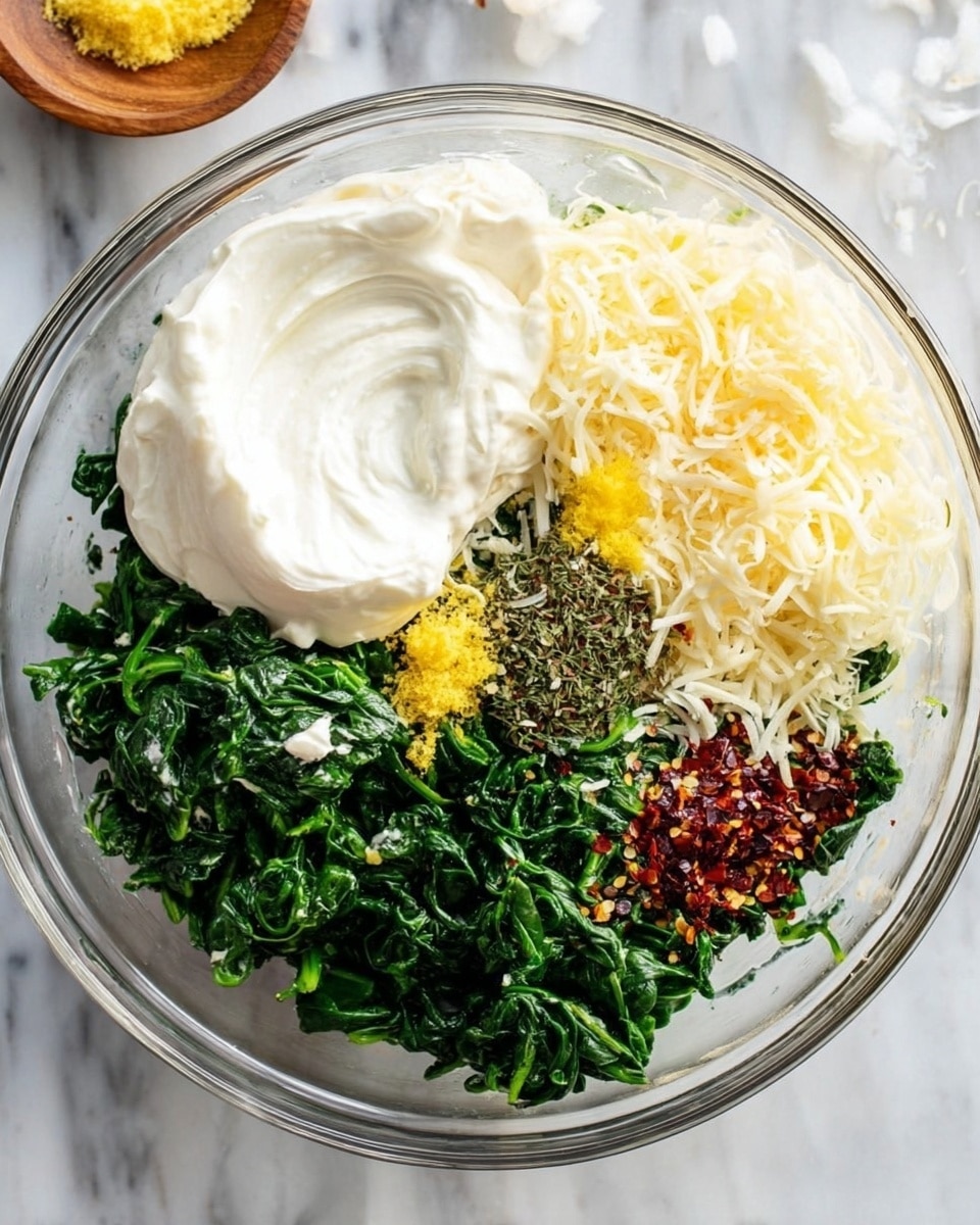 A clear glass bowl on a white marbled surface holds several ingredients arranged in separate sections. One large section is a smooth, thick white cream. Next to it is a mound of bright green cooked spinach with a slightly leafy texture. There is a pile of shredded pale yellow cheese, along with small piles of yellow minced garlic and lemon zest near the cheese, and a sprinkling of red chili flakes and dark brown herbs between the greens and cheese. The ingredients are clearly divided inside the bowl, ready to be mixed. Photo taken with an iphone --ar 4:5 --v 7