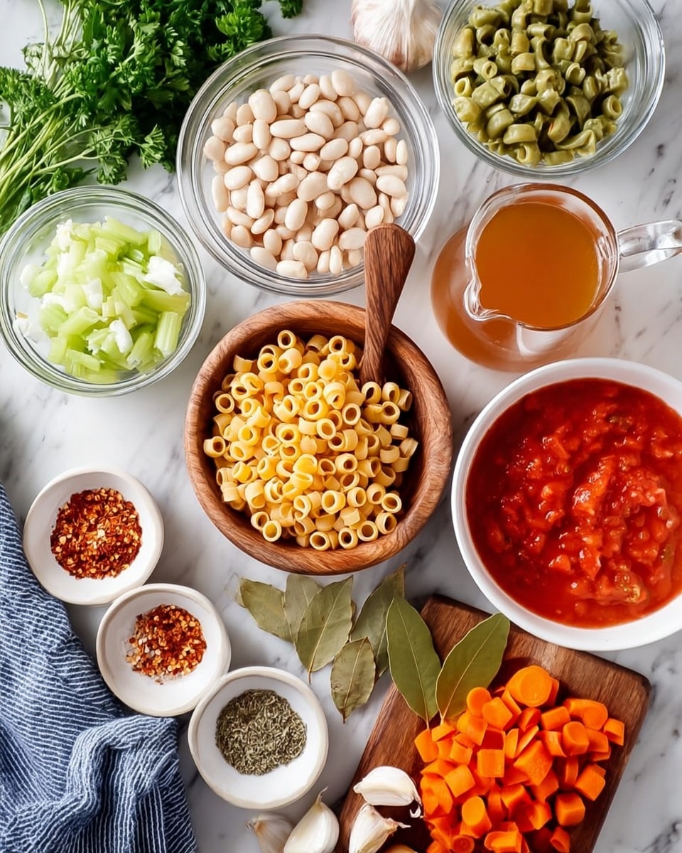 The image shows various cooking ingredients laid out on a white marbled surface. There is a small wooden bowl in the center filled with dry pasta rings and a wooden spoon resting inside. Around this are several clear glass bowls containing white beans, sliced celery, and sliced carrots. A clear glass pitcher holds a light brown liquid, likely broth. A white bowl contains chopped red tomatoes in sauce. Below them, an onion and green beans are placed on a small wooden board along with two large bay leaves and garlic cloves. Small white bowls around the setup hold dried herbs and crushed red pepper flakes. Fresh parsley lies in the upper left corner. A blue-striped cloth napkin is visible near the bottom right corner. Photo taken with an iphone --ar 4:5 --v 7