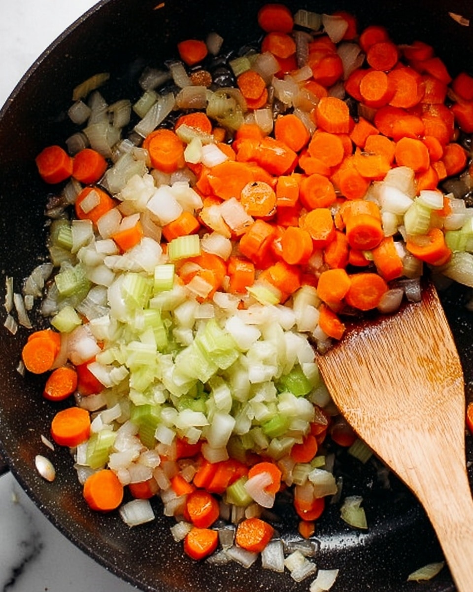 The image shows a close-up of a black pan filled with three layers of food being stirred with a wooden spatula. The bottom layer is a mix of small white onion cubes with a shiny texture, the middle layer includes round orange carrot slices, and the top layer has light green celery pieces with a slight gloss. The wooden spatula is light brown and rests among the vegetables, slightly lifting some pieces. The background and surface are a white marbled texture. photo taken with an iphone --ar 4:5 --v 7