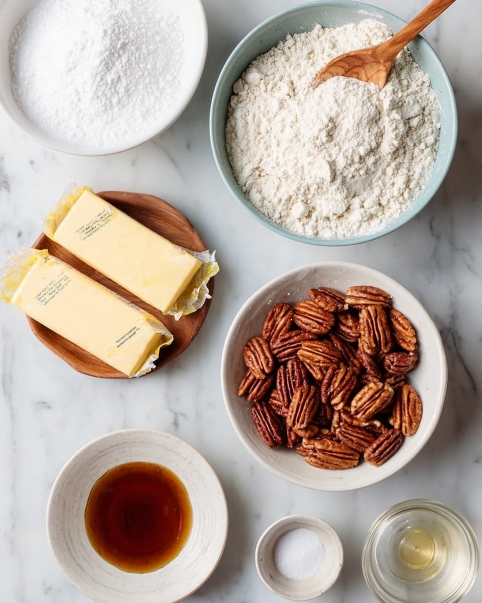 The image shows a white bowl filled with whole pecans at the center bottom, surrounded by various baking ingredients on a white marbled surface. At the top left, there is a white bowl full of powdered sugar, and at the top right, a clear glass bowl containing flour with a wooden spoon resting inside it. To the left of the pecans, two sticks of butter wrapped in yellow paper are placed next to a small wooden plate holding coarse salt. To the right, there is a small glass bowl with vanilla extract and an empty small white bowl below it. The overall layout is neat and organized, with natural lighting. Photo taken with an iphone --ar 4:5 --v 7