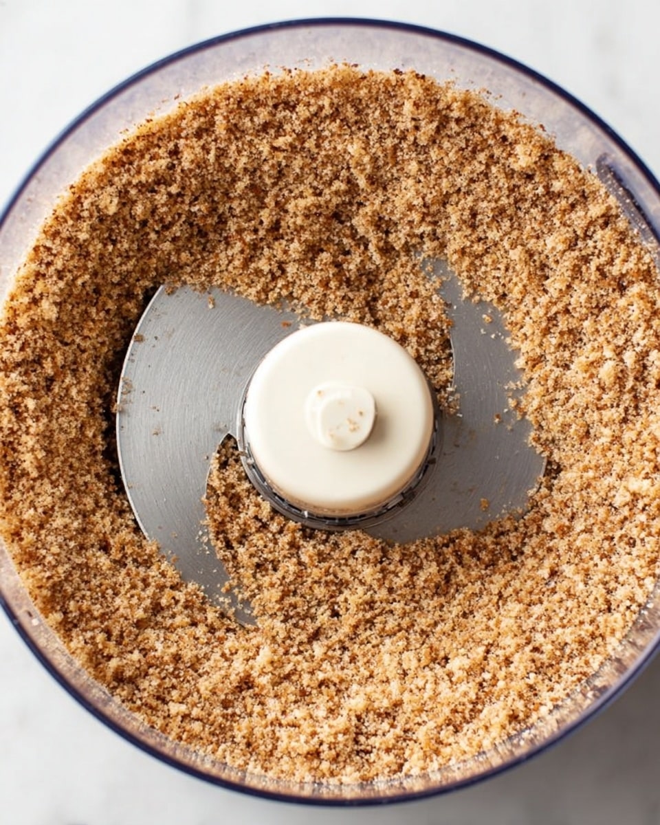 This image shows a close-up top view of a food processor filled with finely chopped, light to medium brown crumbs that are evenly spread inside the clear bowl. The metal blade inside is sharp and has a shiny silver texture with a white plastic center hub that holds the blade in place. The crumbs have a rough texture and a uniform size, filling the bowl almost to the top. The background is a white marbled surface. photo taken with an iphone --ar 4:5 --v 7