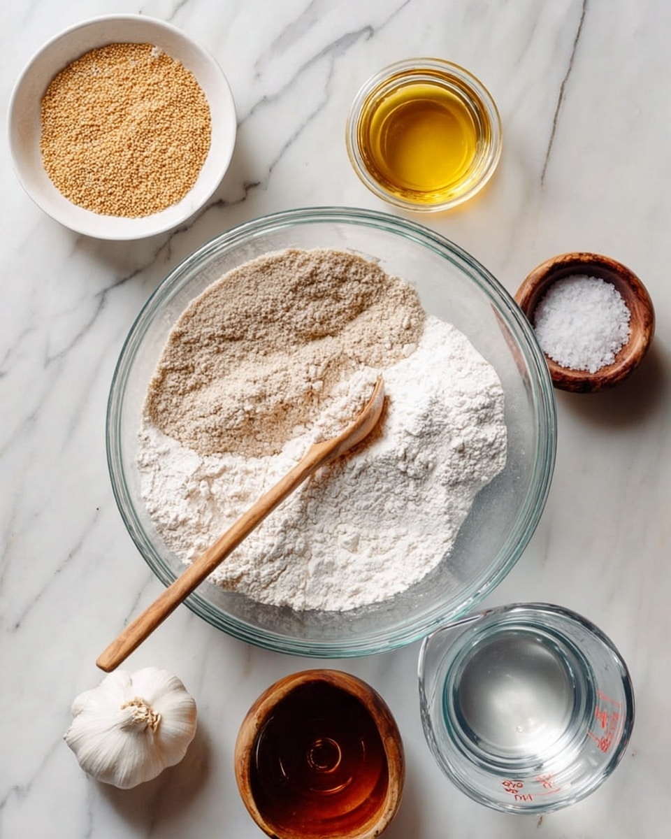 A large clear glass mixing bowl sits at the center on a white marbled surface, filled with three different powder layers: a light brown flour on the left side, a bright white flour on the right, and a wooden spoon resting in the middle. Surrounding the big bowl are five smaller containers and items arranged neatly: a white bowl filled with light brown granules at the top left, a clear jar with golden oil at bottom left, a whole white garlic bulb in the middle, a small wooden bowl with coarse white salt to the right of the garlic, a glass bowl with brown liquid at bottom, and a clear glass measuring cup with water on the right edge. photo taken with an iphone --ar 4:5 --v 7