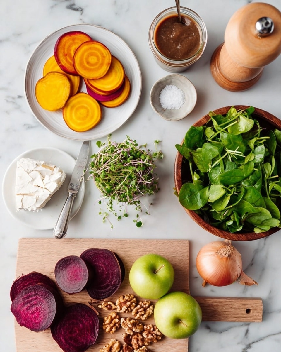 The image shows various fresh ingredients arranged on a white marbled surface. On the top left, there is a white plate with seven slices of bright orange and yellow beetroot to create a layer with a smooth texture. Next to it, a whole green apple is placed. Below the apple, a small cup holds a bunch of green sprouts with tiny leaves. To the right, a brown wooden bowl is piled with fresh green leaves that look soft and crisp. Scattered close to the bowl are several pieces of walnuts with a rough texture. A shallot with a light brown outer skin rests near the walnuts. In the bottom left corner, a small cutting board has six slices of dark purple beetroot, smooth and shiny, with a silver knife placed on top. There are two small round dishes—one containing white creamy cheese and one with some coarse salt. At the top center, a glass jar with brown sauce and a silver spoon is visible, and a tall light wood pepper grinder is on the top right. photo taken with an iphone --ar 4:5 --v 7