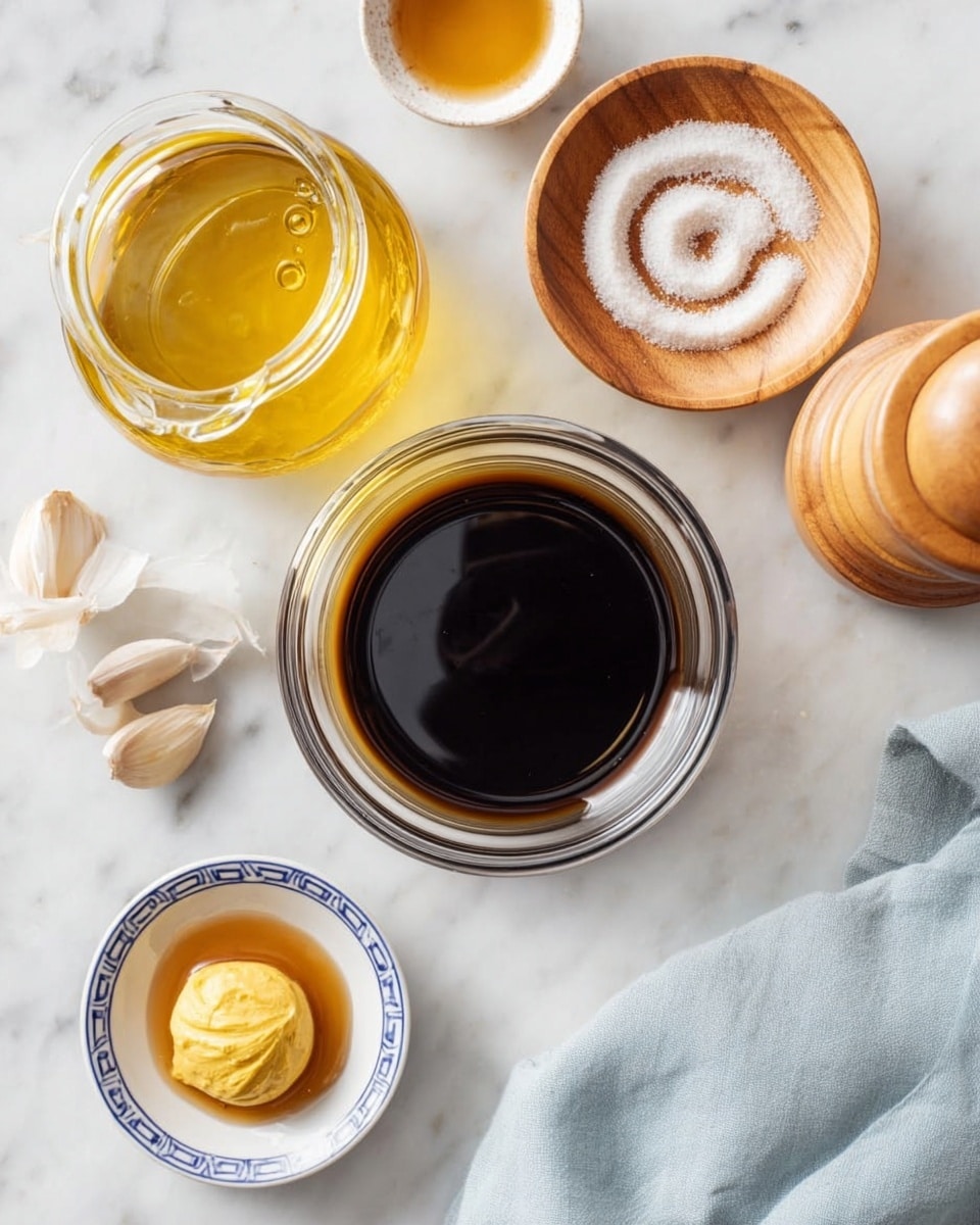 The image shows six items arranged on a white marbled surface. At the center is a clear glass bowl filled with thick, dark soy sauce. Above it and slightly to the right, there is a small round wooden plate holding white salt arranged in a spiral shape. To the upper left of the bowl, a glass jar contains golden yellow olive oil. Below the jar, a small white plate with a blue pattern around its edge holds a dollop of smooth yellow mustard. To the lower right of the mustard, a small white bowl contains light amber honey. A peeled clove of garlic lies to the lower left of the honey. To the far right side of the image, a wooden pepper grinder sits with a light blue cloth partially underneath it. The scene is well lit with soft natural light coming from above. Photo taken with an iphone --ar 4:5 --v 7