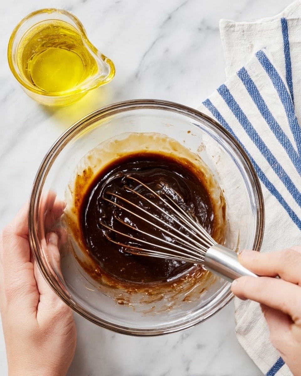 A clear glass bowl sits on a white marbled surface, containing a thick, dark brown sauce that looks smooth and glossy. Inside the bowl, a metal whisk is stirring the sauce, creating soft ripples on the surface. On the left side, a woman's hand holds a small clear glass container with yellow liquid being poured into the bowl. On the right side, another woman's hand grips the whisk, actively mixing the sauce. A white cloth with blue stripes is placed to the right of the bowl. Photo taken with an iphone --ar 4:5 --v 7