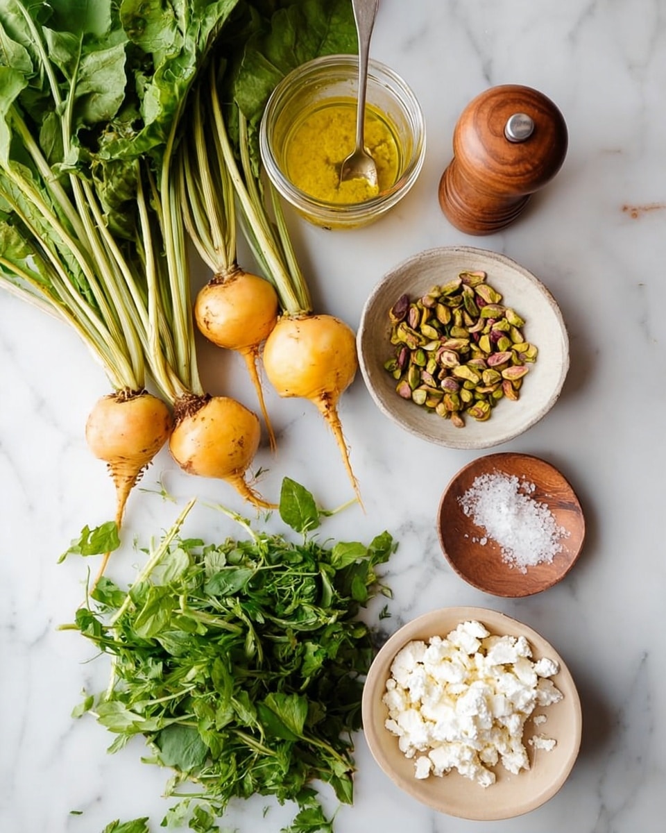 The image shows a white marbled surface with fresh ingredients laid out neatly. On the left side, there are several golden beets with green leafy tops, and below them, fresh green leafy herbs scattered around. To the right, there is a small white bowl filled with chopped pistachios, a beige bowl with crumbled white cheese, and a tiny wooden plate holding coarse salt. Above the bowls, there is a glass jar with a yellow dressing and a spoon inside, and next to it, a wooden pepper grinder. The colors are natural and fresh, mainly green, orange, white, and light brown, with a clean and bright atmosphere. photo taken with an iphone --ar 4:5 --v 7