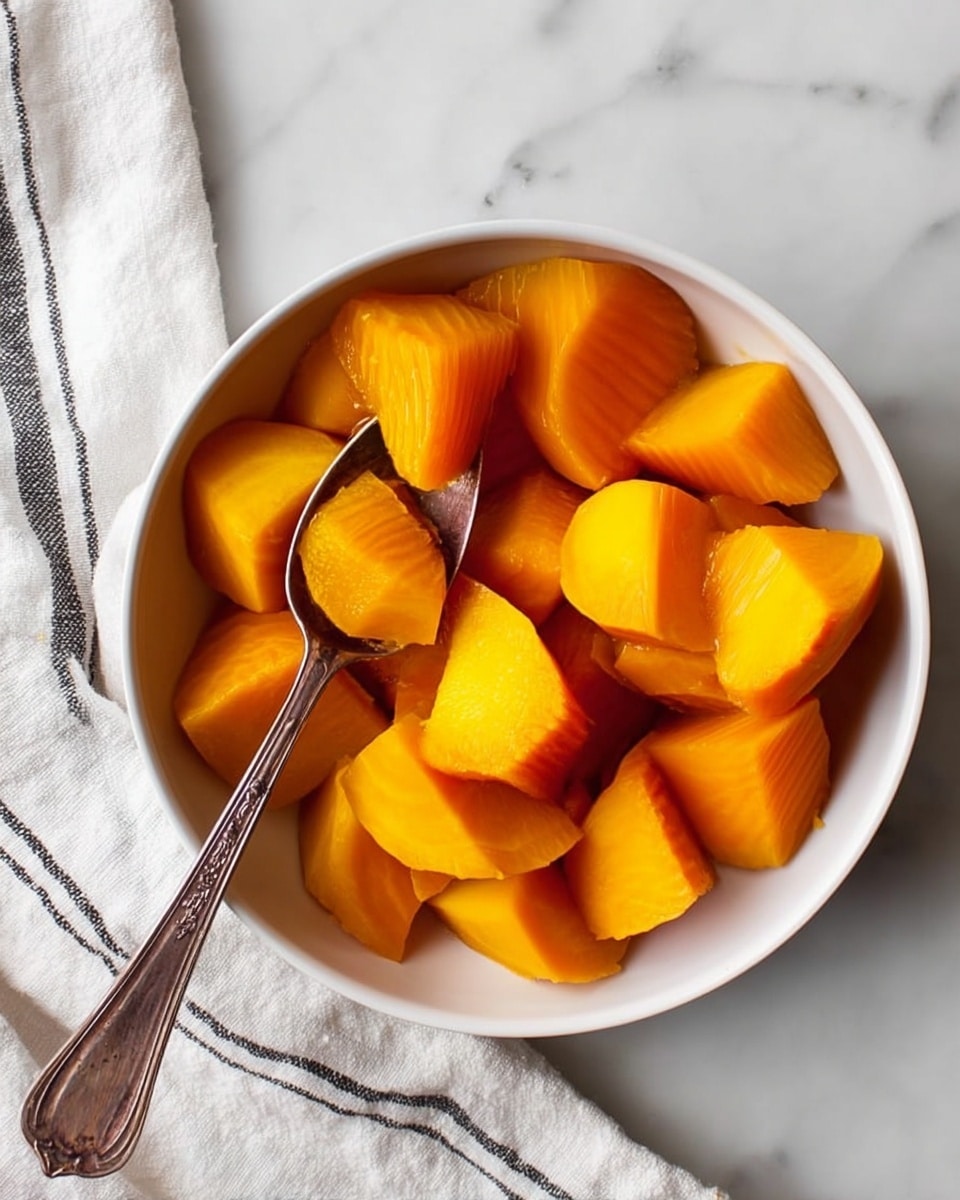 The image shows a white round bowl filled with about twenty bright yellow-orange beet pieces, all cut into medium-sized chunks with smooth, curved edges and visible soft flesh. A shiny silver spoon rests on the right inside edge of the bowl, holding one chunk of beet. The bowl is placed on a white marbled surface, and a white cloth with black stripes is partially under the bowl on the left side. The colors are warm and vibrant, with the beet pieces showing a soft, slightly moist texture. photo taken with an iphone --ar 4:5 --v 7