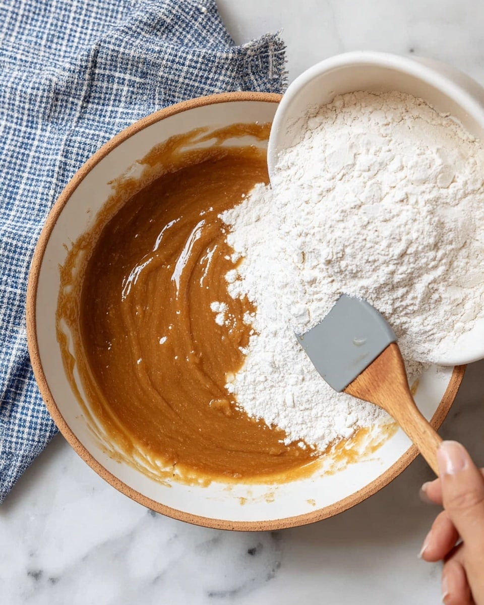 A white bowl with a light brown rim holds a thick, sticky caramel-colored mixture that fills about half of the bowl's bottom. On the upper right side, a layer of white flour is being poured in from a white bowl, with some flour already touching the caramel mixture's edge but not yet mixed. A woman's hand is holding a gray spatula with a wooden handle, stirring the mixture on the left side of the bowl. The bowl sits on a white marbled surface with a blue and white checkered cloth in the upper left corner. photo taken with an iphone --ar 4:5 --v 7