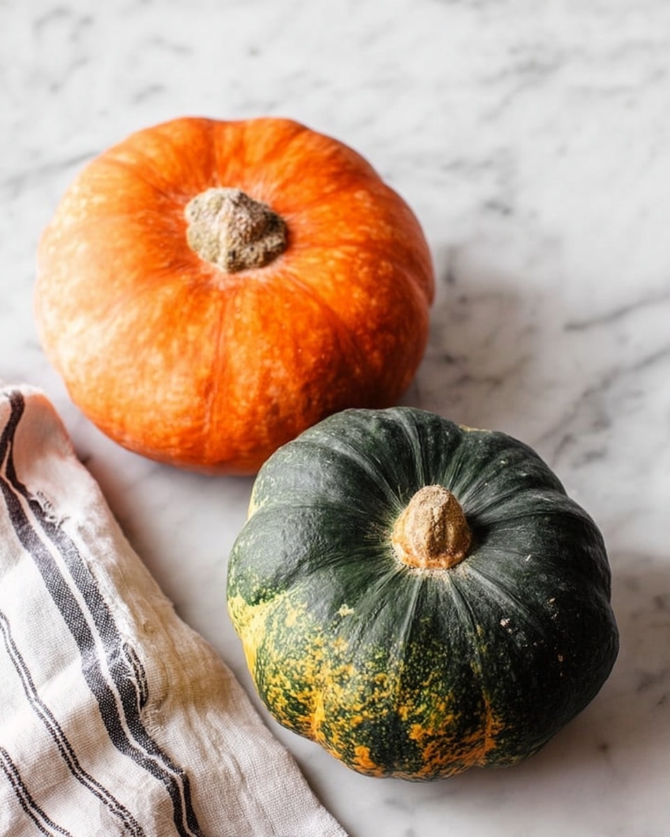 Two whole pumpkins lie on a white marbled surface; the top one is bright orange with a rough beige stem, and the bottom one is dark green with patches of yellow and a similar rough beige stem. A light cloth with dark stripes is casually placed near the bottom left corner. The pumpkins’ round shapes and textured skins stand out clearly against the smooth white marble photo taken with an iphone --ar 4:5 --v 7