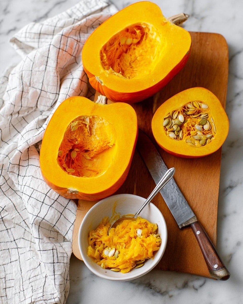 The image shows a wooden board on a white marbled surface with two large orange pumpkins cut in half. One pumpkin half has bright yellow-orange flesh and seeds inside, while the other half is scooped out with a silver spoon resting inside it. There is a small white bowl in front of the pumpkins filled with scooped-out pumpkin seeds and flesh. A large silver knife with a wooden handle lies on the board near the pumpkins, and a white cloth with black grid lines is casually placed to the left. Photo taken with an iphone --ar 4:5 --v 7