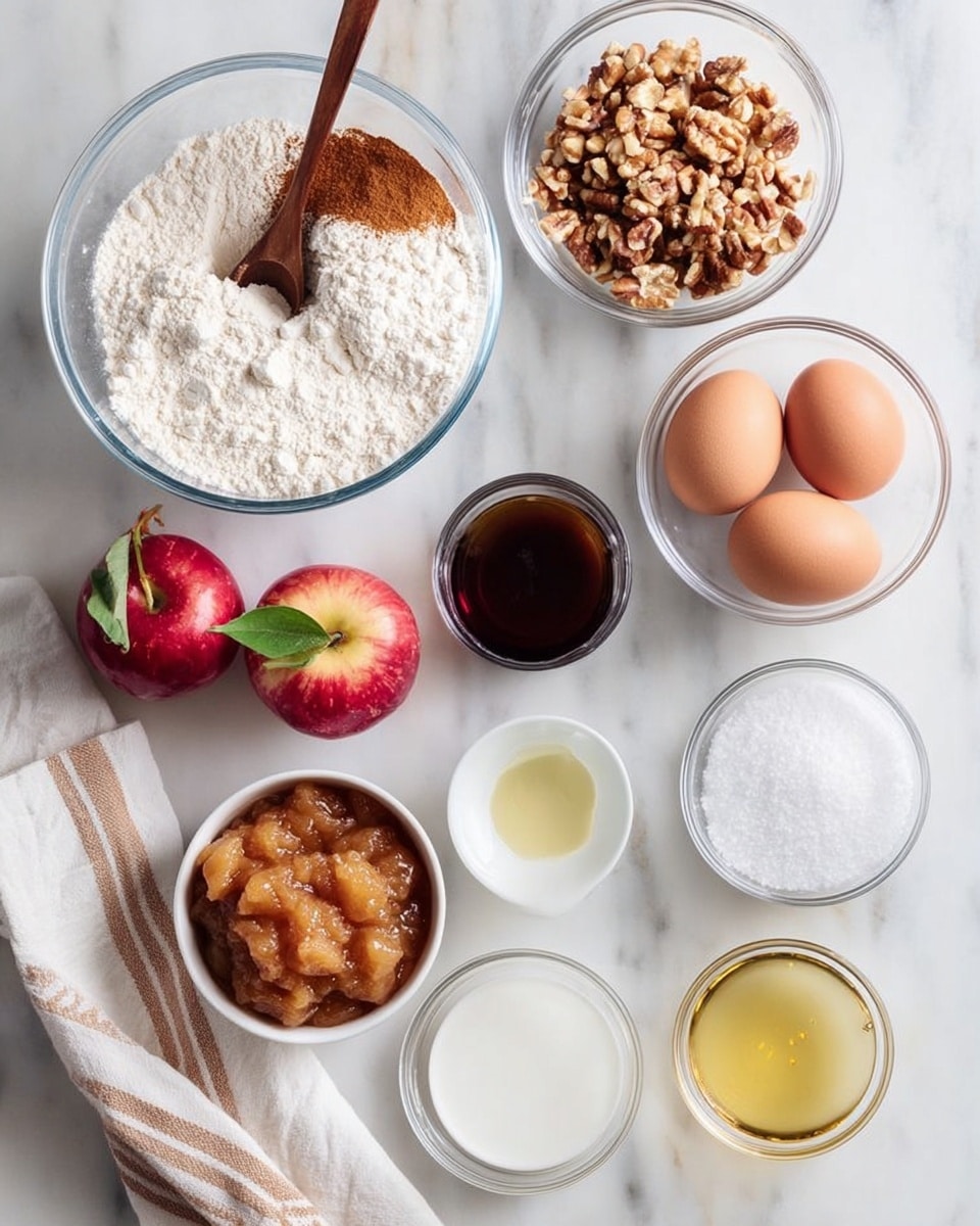 The image shows a top view of several glass and white bowls on a white marbled surface holding baking ingredients. A large clear glass bowl in the upper left corner contains white flour, cinnamon, and other dry ingredients with a wooden spoon resting inside. Above it, a smaller glass bowl holds chopped nuts. To the right, a glass bowl has three brown eggs. Below the nuts and eggs, two red apples with small green leaves sit next to each other. In front of the apples is a white bowl filled with chunky apple sauce and a spoon inside. Next to it is a round glass bowl with white sugar. Near the bottom right corner are small glass bowls with vanilla extract, a lighter liquid, milk, and oil arranged in a loose curve. A white and tan striped kitchen cloth is under the bowls on the bottom left. All ingredients are clearly visible and well arranged. Photo taken with an iphone --ar 4:5 --v 7