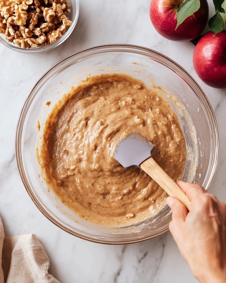 A clear glass bowl holds a thick, light brown batter with a slightly chunky texture, being stirred by a woman's hand using a wooden spatula with a gray silicone head. The bowl and contents sit on a white marbled surface, near a small glass bowl filled with walnut pieces on the left and two red apples with green leaves at the top right. The scene is well-lit, showing the creamy mix and details of the batter photo taken with an iphone --ar 4:5 --v 7