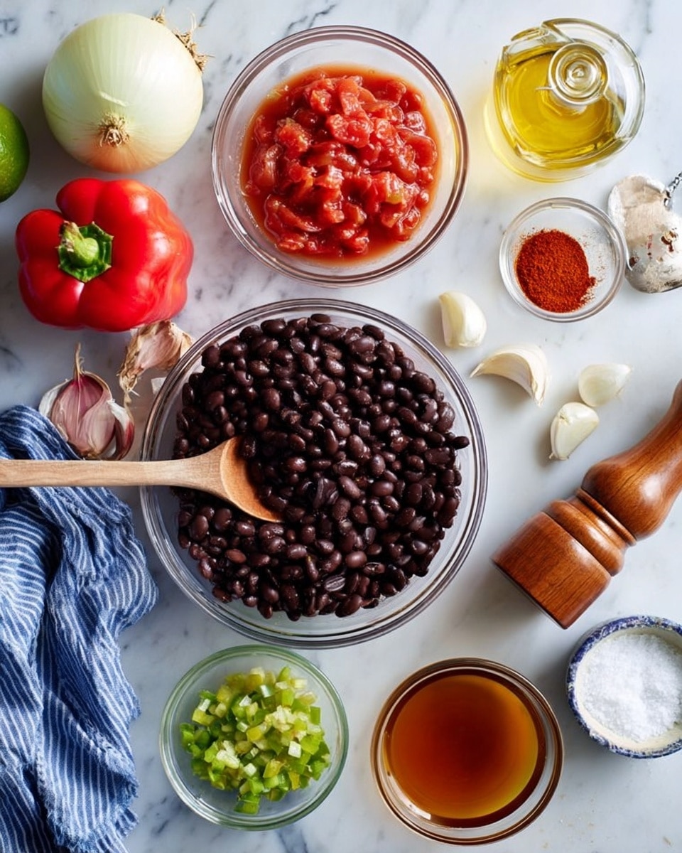 A top view of several ingredients on a white marbled surface, featuring a large clear bowl filled with dark black beans and a wooden spoon resting inside it. Above it, there is a smaller clear bowl of chopped red tomatoes mixed in sauce and another small clear bowl containing chopped green peppers. To the left are a whole red bell pepper, a whole white onion, two halves of a lime, and a small jar of olive oil. A small glass container of red spice powder also appears near the top, with three garlic cloves close beside the onion. At the bottom right, there is a small clear bowl with amber liquid, a wooden pepper grinder, and a small bowl of white salt. A blue and white striped cloth lies partially under the bean bowl. Photo taken with an iphone --ar 4:5 --v 7