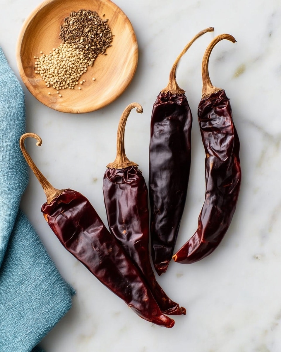 The image shows four dried dark red chili peppers laid out on a smooth white marbled surface. Their skins are wrinkled and shiny, each with a curved or slightly bent stem that is a light brown color. Nearby, on the top left side, there is a round light wooden plate that holds three small piles of spices: brown coriander seeds, pale fennel seeds, and a light beige powder. Partially visible to the left is a folded blue cloth with a soft texture. The overall look is clean and simple, focusing on the rich colors and textures of the dried chili peppers and spices. photo taken with an iphone --ar 4:5 --v 7