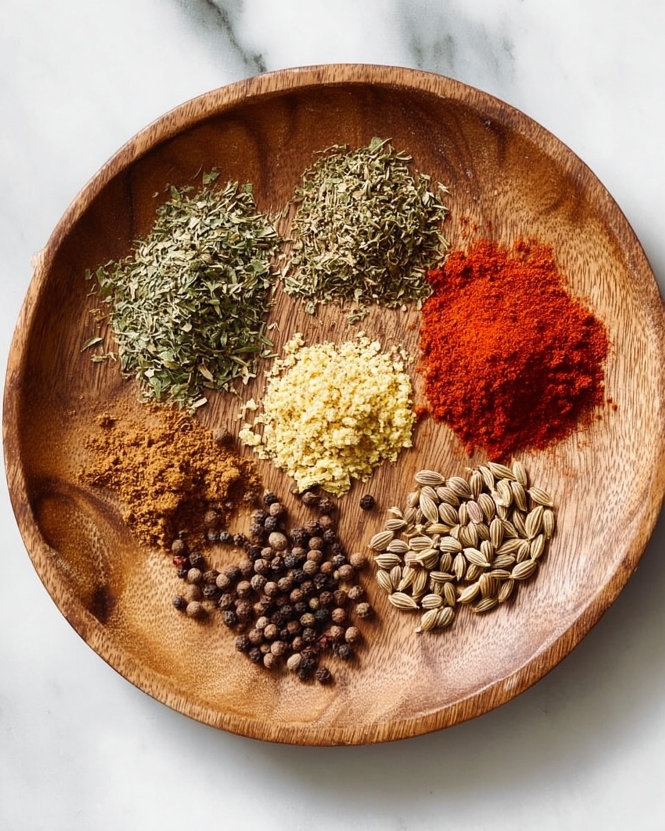 A round wooden plate holds seven small piles of spices, each placed in a circular pattern. Starting from the top and moving clockwise, there is a pile of green, dried herbs with a rough texture, a bright red powder with a fine texture, a light yellow pile of minced dried garlic, greenish fennel seeds with a smooth texture, round brown coriander seeds, dark brown powdered spice, and light brown cumin seeds with a slightly rough texture. The plate sits on a white marbled surface. Photo taken with an iphone --ar 4:5 --v 7