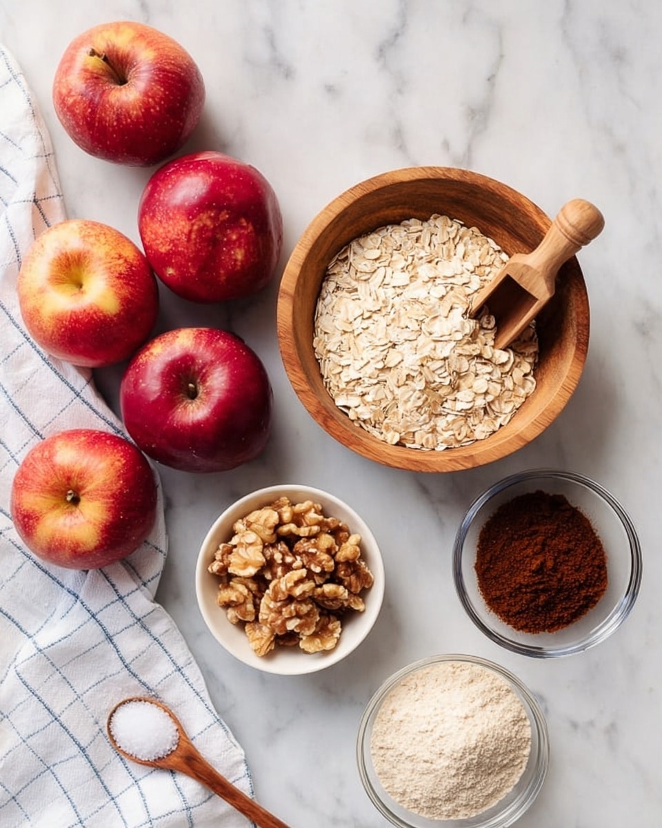 The image shows five whole red apples with light yellow spots on a white marbled surface in the top left corner. Below the apples, there is a wooden bowl filled with light beige rolled oats, and a matching wooden scoop rests inside. To the right of this bowl, there is a clear glass bowl filled with dark brown sugar. Below the oats bowl are three smaller bowls: a small clear glass bowl with chopped light brown walnuts on the left, a white bowl filled with pale almond flour in the middle, and a small clear bowl containing a light brown cinnamon powder on the right. A small wooden spoon holding white salt sits near the bottom left surrounded by a white cloth with a blue check pattern loosely spread on the marble surface. Photo taken with an iphone --ar 4:5 --v 7