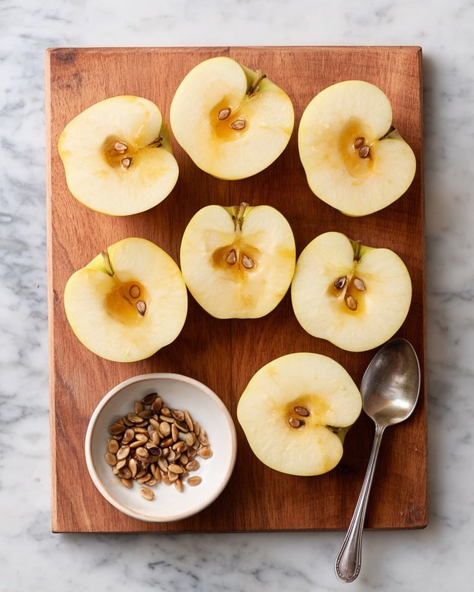 A wooden board on a white marbled surface holds eight apple halves arranged in two rows, each showing pale yellow flesh and brown seeds in the center; three of these halves have a hollowed-out core area with a golden yellow color. At the bottom left of the board, there is a small round white bowl filled with apple cores and seeds. To the right of the bowl, a silver spoon lies on the board. photo taken with an iphone --ar 4:5 --v 7