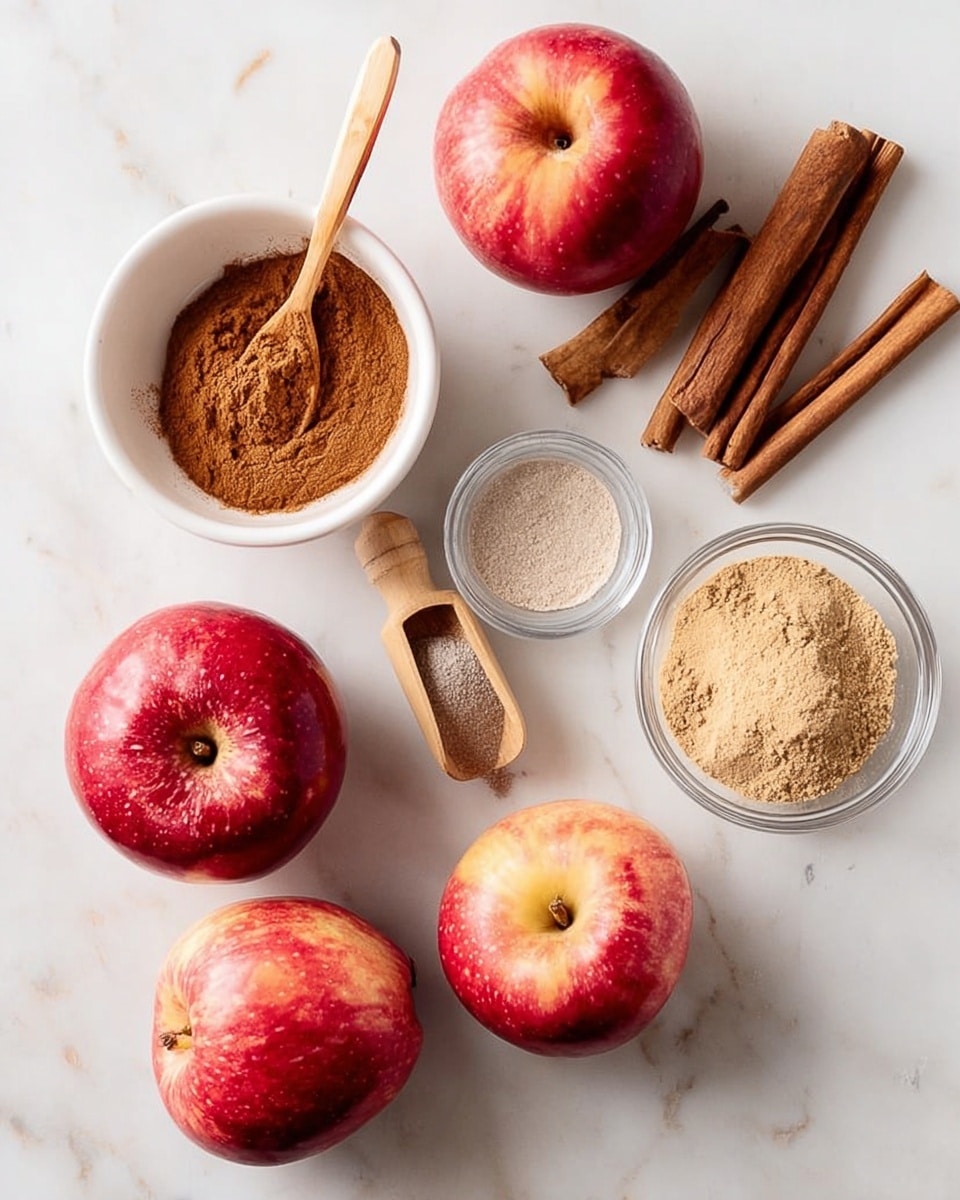 The image shows three red apples placed on a white marbled surface, their skins shiny and smooth with a mix of red and lighter patches. Near the apples are three cinnamon sticks stacked on the surface. There are four small bowls arranged around the apples: a white bowl filled with finely ground cinnamon powder with a wooden spoon resting inside, a transparent glass bowl holding a light beige powder, a white bowl containing a brownish powder, and a small wooden scoop with a light grayish powder inside. The scene is bright and clear, capturing the natural colors and textures vividly. Photo taken with an iphone --ar 4:5 --v 7