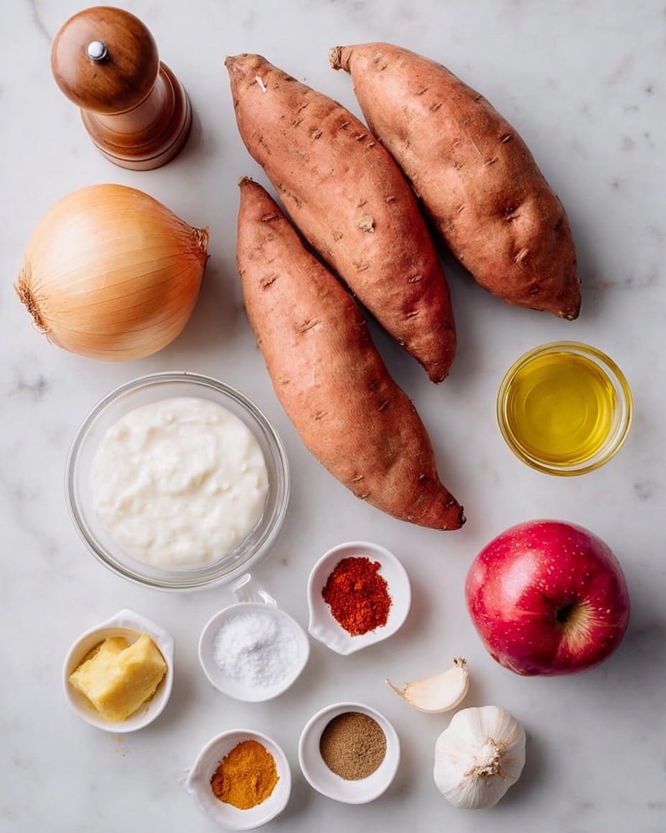 The image shows raw ingredients for a recipe laid out on a white marbled surface. At the center, there are three large sweet potatoes with a textured, orange-brown skin. To the left of the sweet potatoes, there is a whole yellow onion with dry, papery skin and a clear glass bowl filled with a white creamy liquid. Below the onion and bowl, there are small white and wooden dishes holding different ingredients: white salt, yellow paste, a white liquid, red powder, and brown powder. To the right of the sweet potatoes, there is a round, red apple with a shiny skin, three peeled garlic cloves, and a clear glass container with a yellow oil. At the top left, there is a wooden pepper grinder. The arrangement is neat and spaced out evenly. Photo taken with an iphone --ar 4:5 --v 7