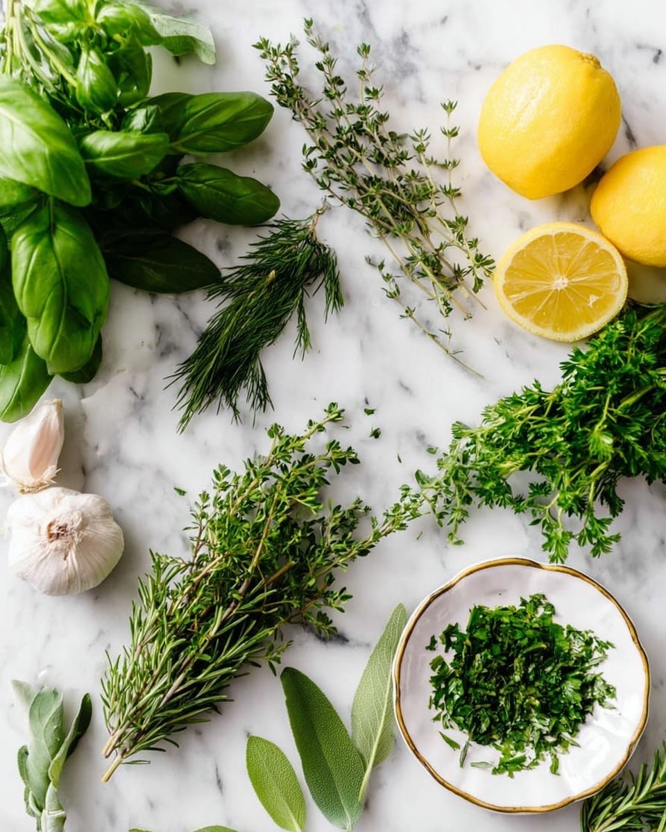 The image shows a white marbled surface covered with fresh green herbs like basil, dill, rosemary, sage, and thyme spread out in different directions. There is a whole garlic bulb near the center, two lemon halves stacked at the top right, and a whole lemon near the bottom center. On the right side, a white small plate with a gold rim holds finely chopped green herbs. The herbs have different textures and shades of green, adding variety to the fresh, natural look. Photo taken with an iphone --ar 4:5 --v 7