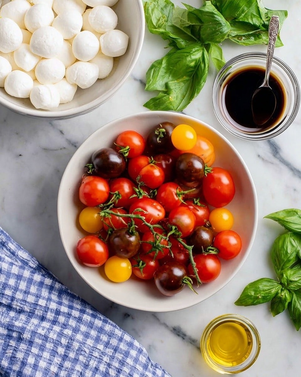 A top-down view shows a white bowl filled with red, yellow, and dark purple cherry tomatoes with green stems still attached, placed on a white marbled surface. To the upper left is another white bowl full of small white mozzarella balls. Fresh green basil leaves lie around the bowls, some directly on the marble surface. To the upper right is a small glass bowl containing dark balsamic vinegar with a silver spoon inside. Lower left features a small glass jar filled with golden olive oil. A blue and white checkered cloth rests near the bottom edge of the frame. photo taken with an iphone --ar 4:5 --v 7