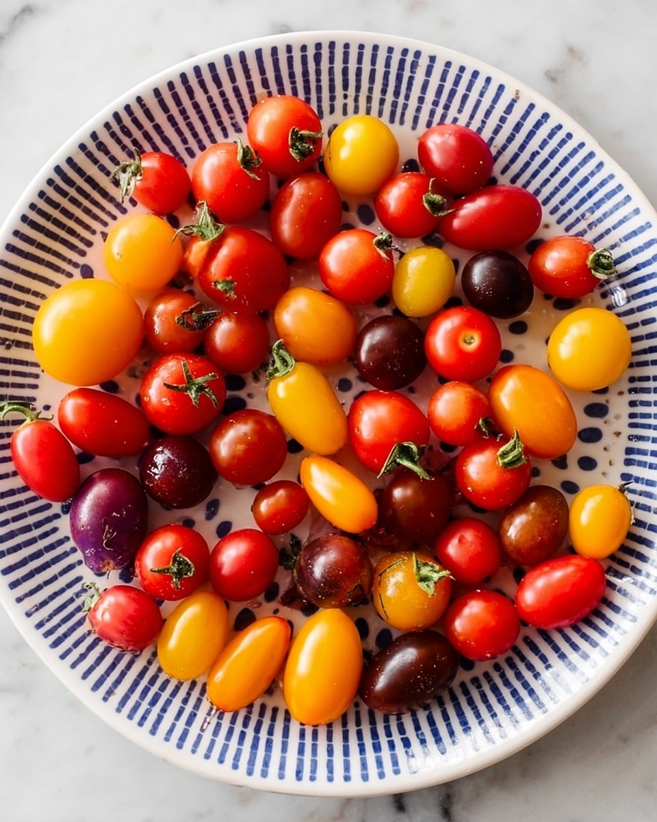A white round plate with blue dotted patterns holds many small colorful tomatoes. There are bright yellow round tomatoes, bright red round and oval tomatoes, dark purple round tomatoes, and elongated red-orange tomatoes mixed all together. The tomatoes have a shiny, smooth texture, and some have small green stems. The plate is on a white marbled surface. photo taken with an iphone --ar 4:5 --v 7