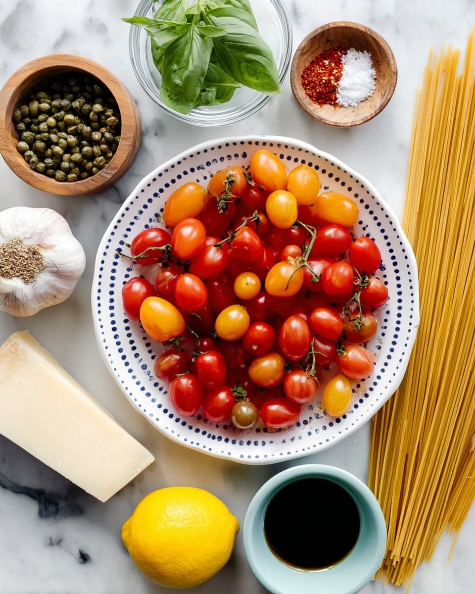 A white plate with blue dots on the edge holds a mix of red, orange, and yellow cherry tomatoes scattered across it, some of the tomatoes are oblong while others are round. To the right of the plate, there are long dry pasta strands, fresh green basil leaves, a whole garlic bulb, a small clear glass bowl with green capers, and a small wooden bowl with salt and another wooden bowl with red chili flakes. There is a whole yellow lemon sitting next to a piece of pale yellow cheese at the lower left, while a small light blue bowl contains dark soy sauce near the bottom right. All the items are placed on a white marbled surface. Photo taken with an iphone --ar 4:5 --v 7