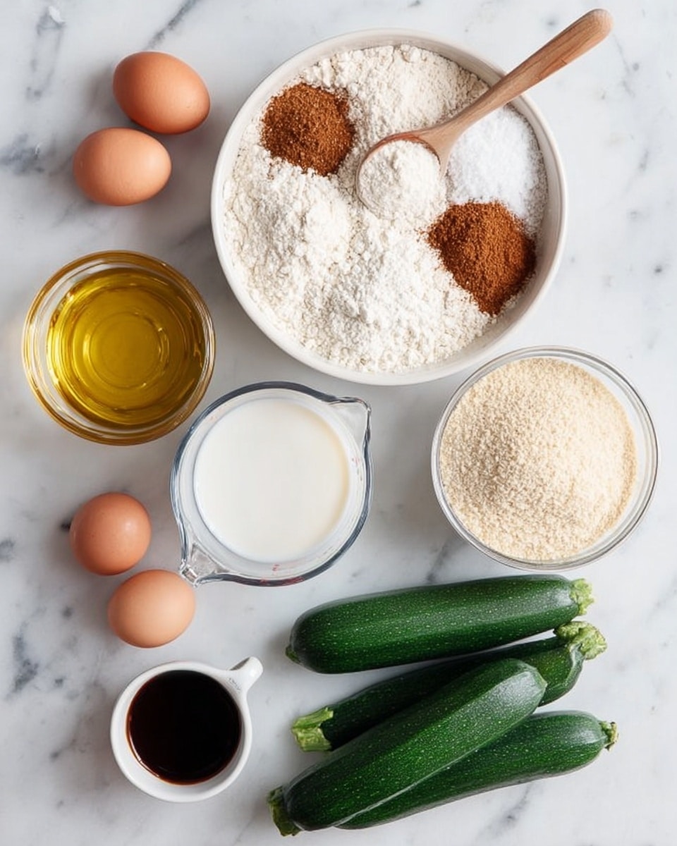 A top-down view shows several ingredients arranged neatly on a white marbled surface. At the top center, there is a white bowl with five sections of dry ingredients: white flour, light brown almond flour, white baking powder, white salt, and reddish-brown cinnamon, with a wooden spoon resting inside. To the left, a clear glass bowl filled with golden oil sits next to a white bowl holding four brown eggs. Below the flour bowl, a clear measuring cup contains white milk. To the right of the measuring cup, a small white bowl has dark brown liquid, and next to it, two green zucchinis lie side by side. At the bottom right, a transparent bowl holds light beige sugar. Everything is positioned neatly on the white marbled surface. photo taken with an iphone --ar 4:5 --v 7