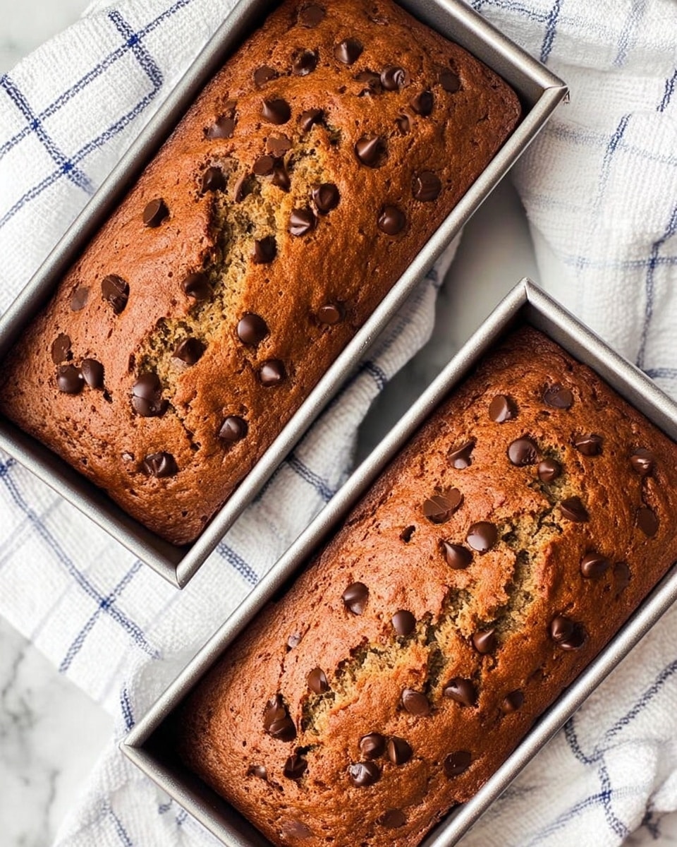 The image shows two rectangular loaves of chocolate chip banana bread inside silver baking pans, placed on a white marbled surface covered with a white cloth that has blue checkered lines. Each loaf has a golden-brown crust with a slightly cracked top, scattered with melted chocolate chips that look smooth and shiny. The texture of the bread looks soft and moist inside the loaf with some visible air pockets, and the pans are positioned side by side at a slight angle. Photo taken with an iphone --ar 4:5 --v 7