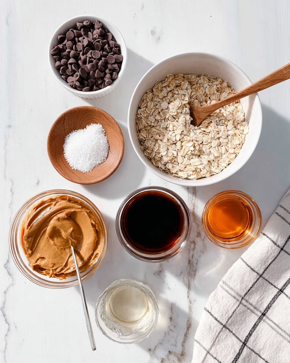 The image shows seven small white bowls and glasses with different ingredients placed on a white marbled surface. In the top right, there is a white bowl filled with dry rolled oats with a wooden spoon resting on the oats. Below it, a clear glass cup contains a dark brown liquid. To the left is a glass bowl filled with smooth light brown peanut butter with a metal spoon inside. A small round wooden plate holds a small amount of white salt and brown sugar. Above it, a small white bowl contains dark brown chocolate chips. To the right of the glass cup, a small glass holds a light amber liquid, with a cream and black checked cloth folded nearby. At the bottom left, there is a clear glass with a little bit of clear liquid. Photo taken with an iphone --ar 4:5 --v 7